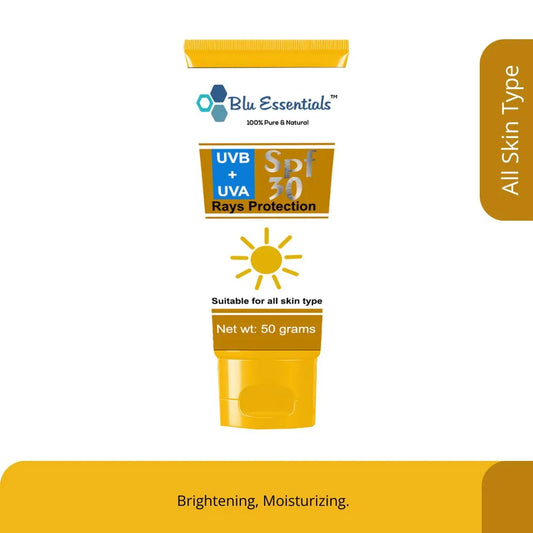 Blu Essentials Face Sunscreen SPF 30 in a white tube, 50g size, offering UVB + UVA protection for sensitive skin.