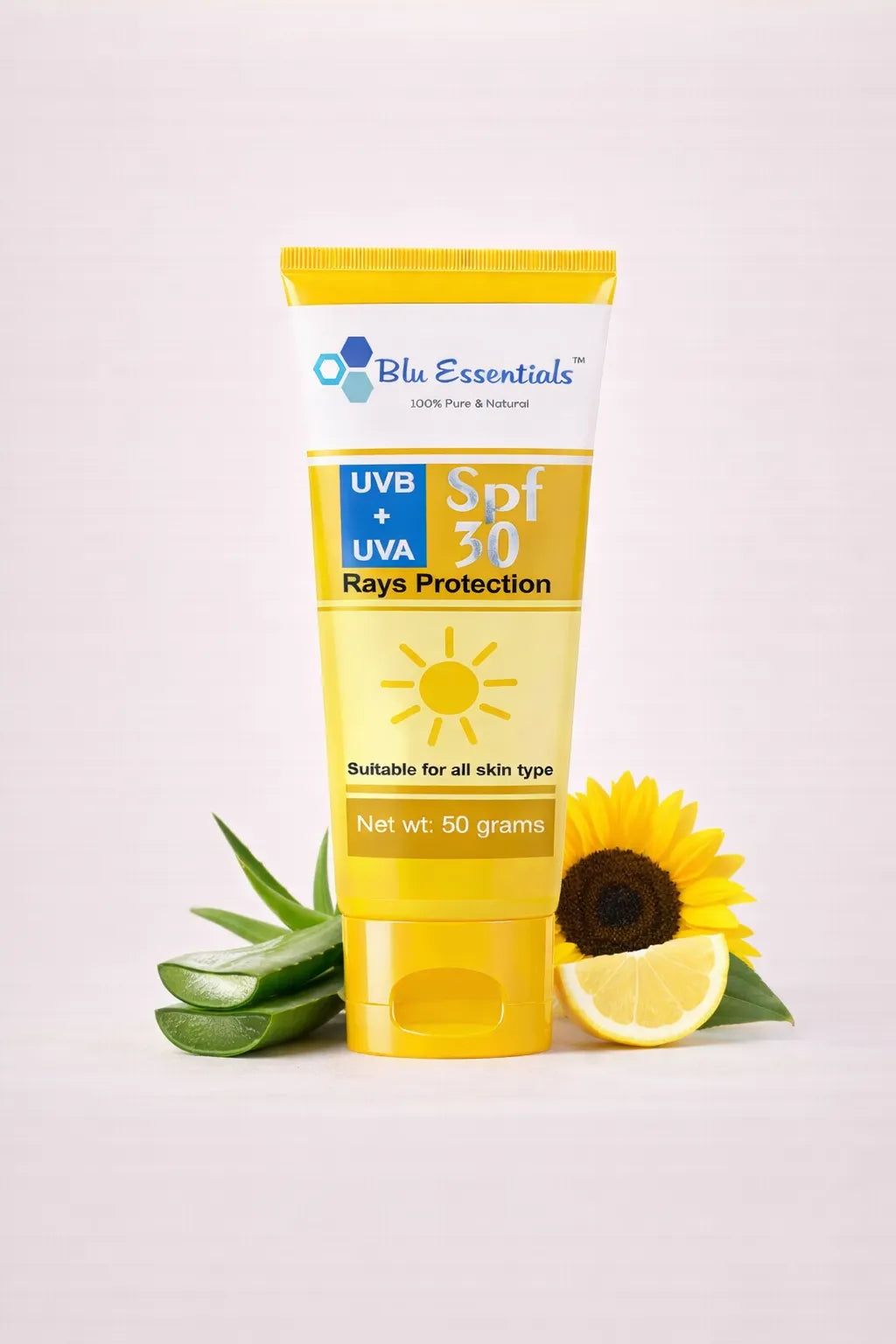 Blu Essentials Face Sunscreen SPF 30, 50g, offers UV protection for sensitive skin, ideal for day care and skin care routi...