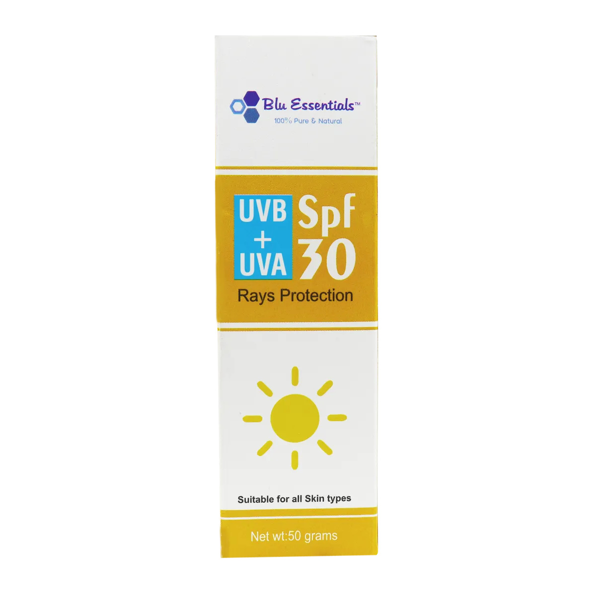 Blu Essentials Face Sunscreen SPF 30, 50g, offers UV protection for sensitive skin, ideal for day care and skin care routi...