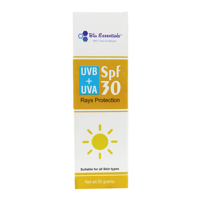 Blu Essentials Face Sunscreen SPF 30, 50g, offers UV protection for sensitive skin, ideal for day care and skin care routi...