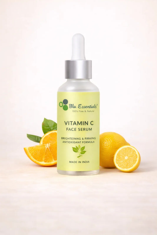 Fresh Vitamin C Serum by Blu Essentials in a sleek 30ml bottle, featuring a vibrant orange label, perfect for skin care en...