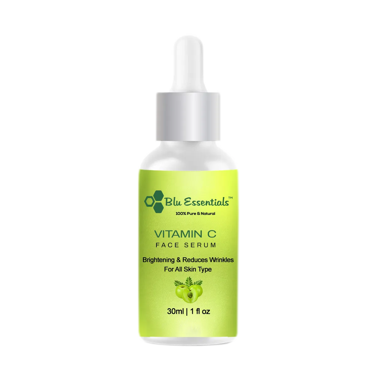 Fresh Vitamin C Serum (30ml) by Blu Essentials, featuring a vibrant orange color, packed with Amla and Aloe Vera for radia...
