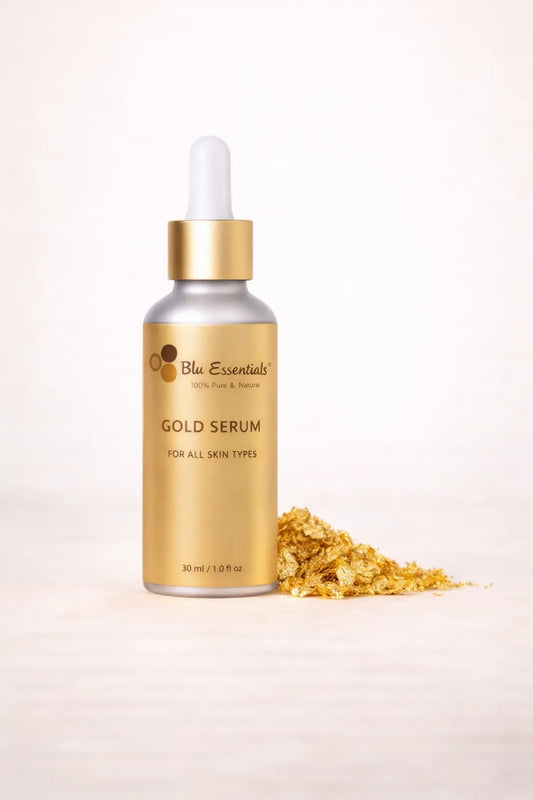 Blu Essentials Gold Serum for Face, 30mL, featuring luxurious gold flakes, ideal for skin care with anti-inflammatory bene...