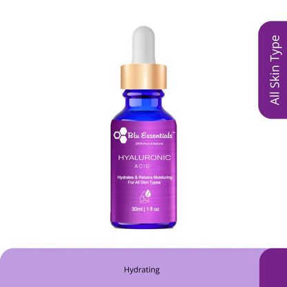 Blu Essentials Hyaluronic Acid Face Serum in a clear 30ml bottle, perfect for hydration and moisture retention in skincare.