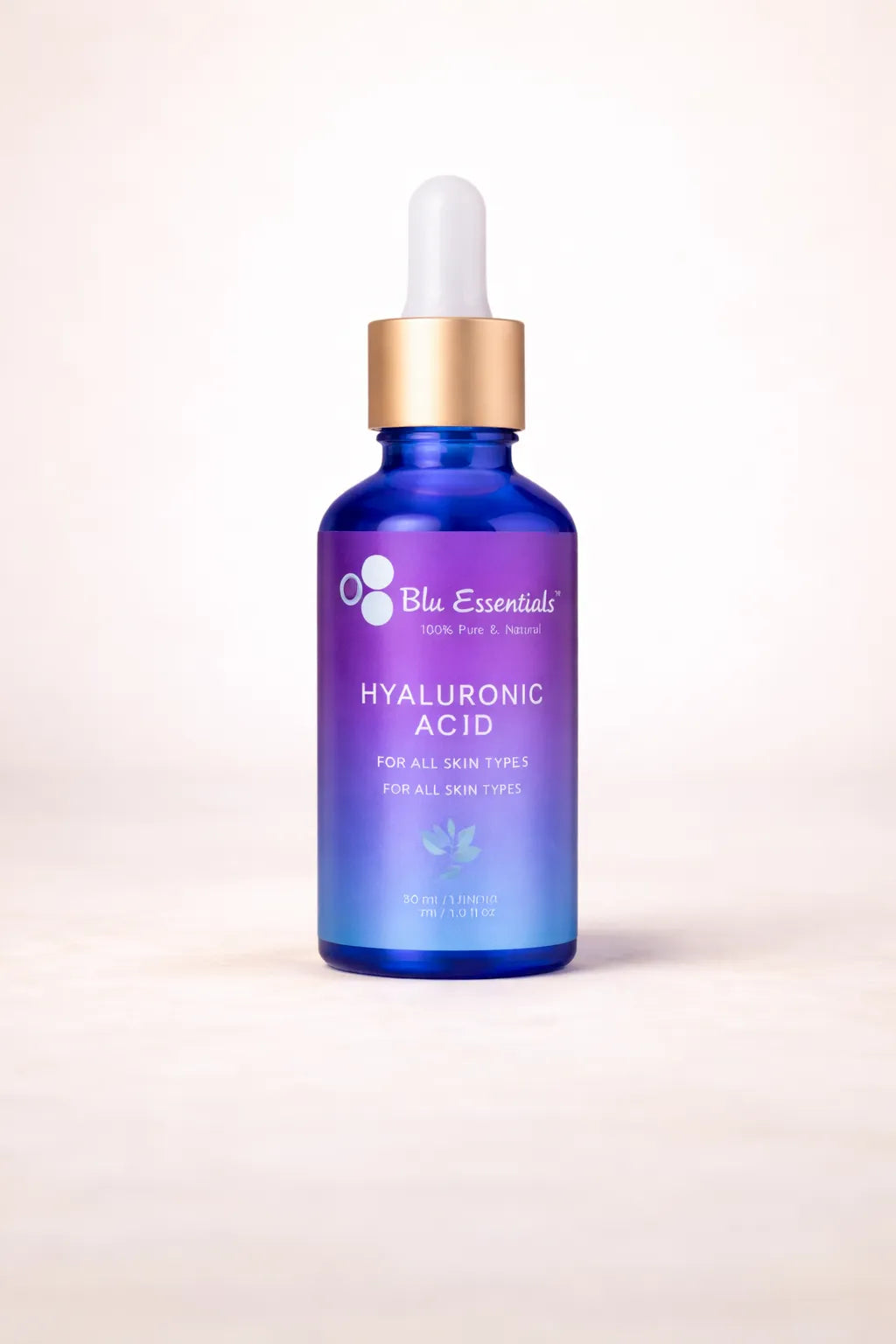 Blu Essentials Hyaluronic Acid Face Serum in a clear bottle, 30ml size, showcasing hydration benefits for skin care.