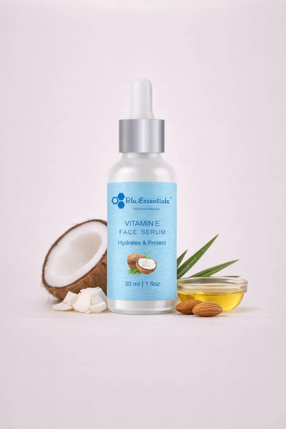 Pure Natural Vitamin E Face Serum by Blu Essentials in a 30ml bottle, showcasing antioxidant-rich skincare for aging skin.