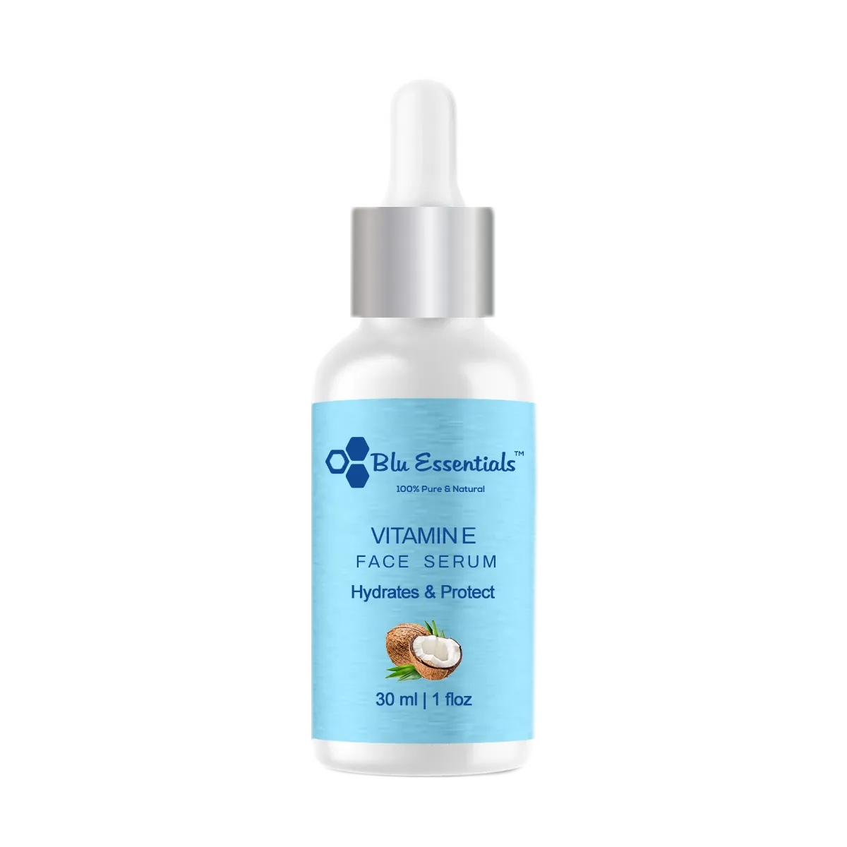 Pure Natural Vitamin E Face Serum by Blu Essentials in a 30ml bottle, ideal for skincare with antioxidant properties.