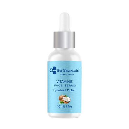 Pure Natural Vitamin E Face Serum by Blu Essentials in a 30ml bottle, ideal for skincare with antioxidant properties.