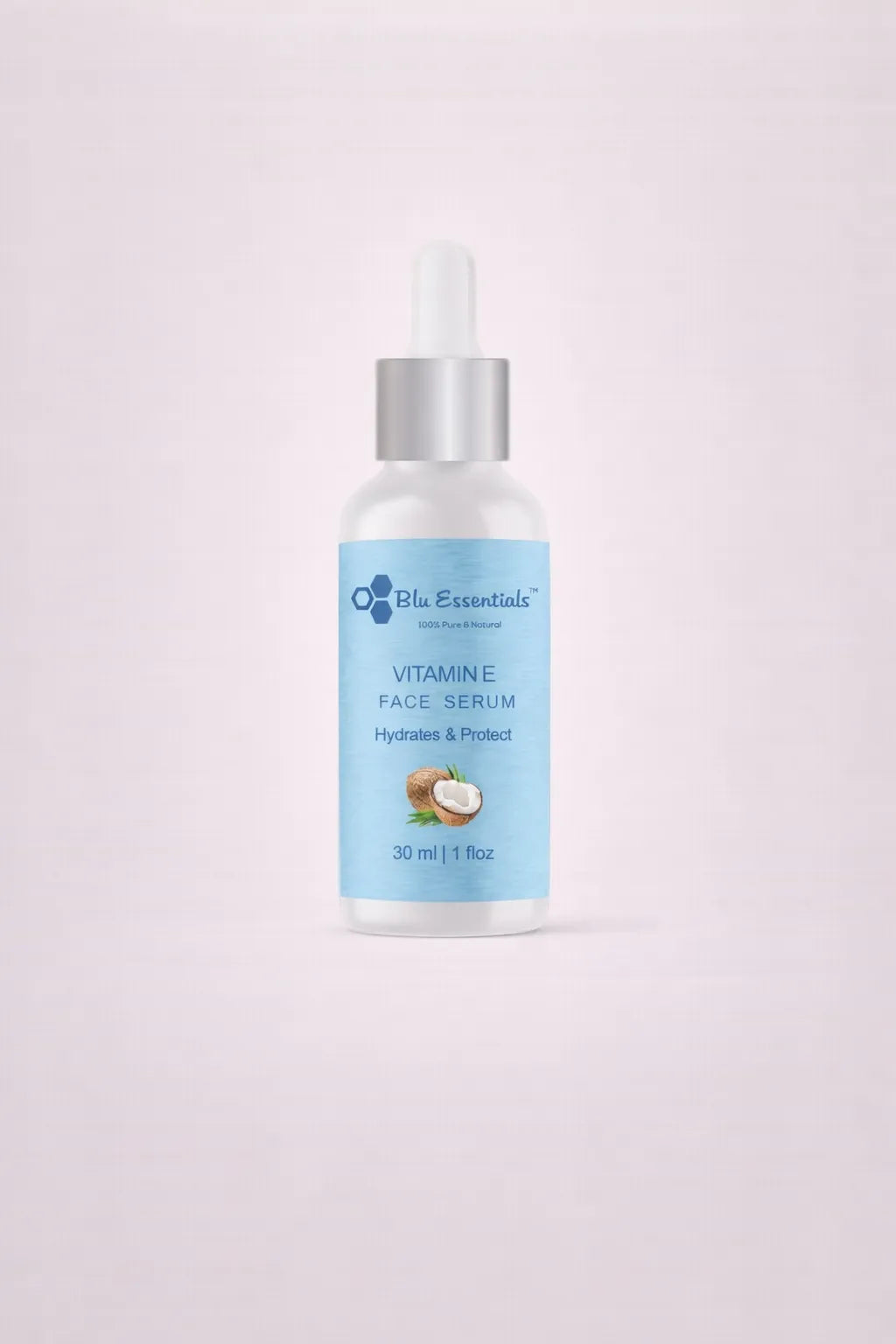 Pure Natural Vitamin E Face Serum by Blu Essentials in a 30ml bottle, ideal for skincare with antioxidant properties.