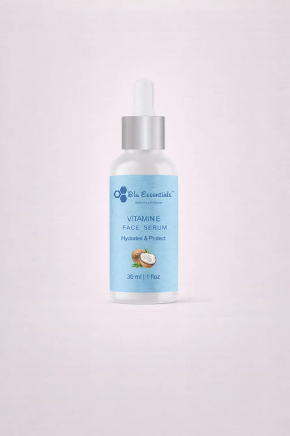 Pure Natural Vitamin E Face Serum by Blu Essentials in a 30ml bottle, ideal for skincare with antioxidant properties.