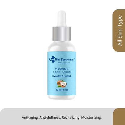 Pure Natural Vitamin E Face Serum by Blu Essentials in a 30ml bottle, showcasing antioxidant-rich skincare for aging skin.