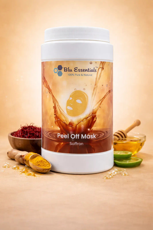 Blu Essentials Saffron Peel Off Mask 500g in a vibrant yellow packaging, rich in saffron and turmeric for glowing skin care.