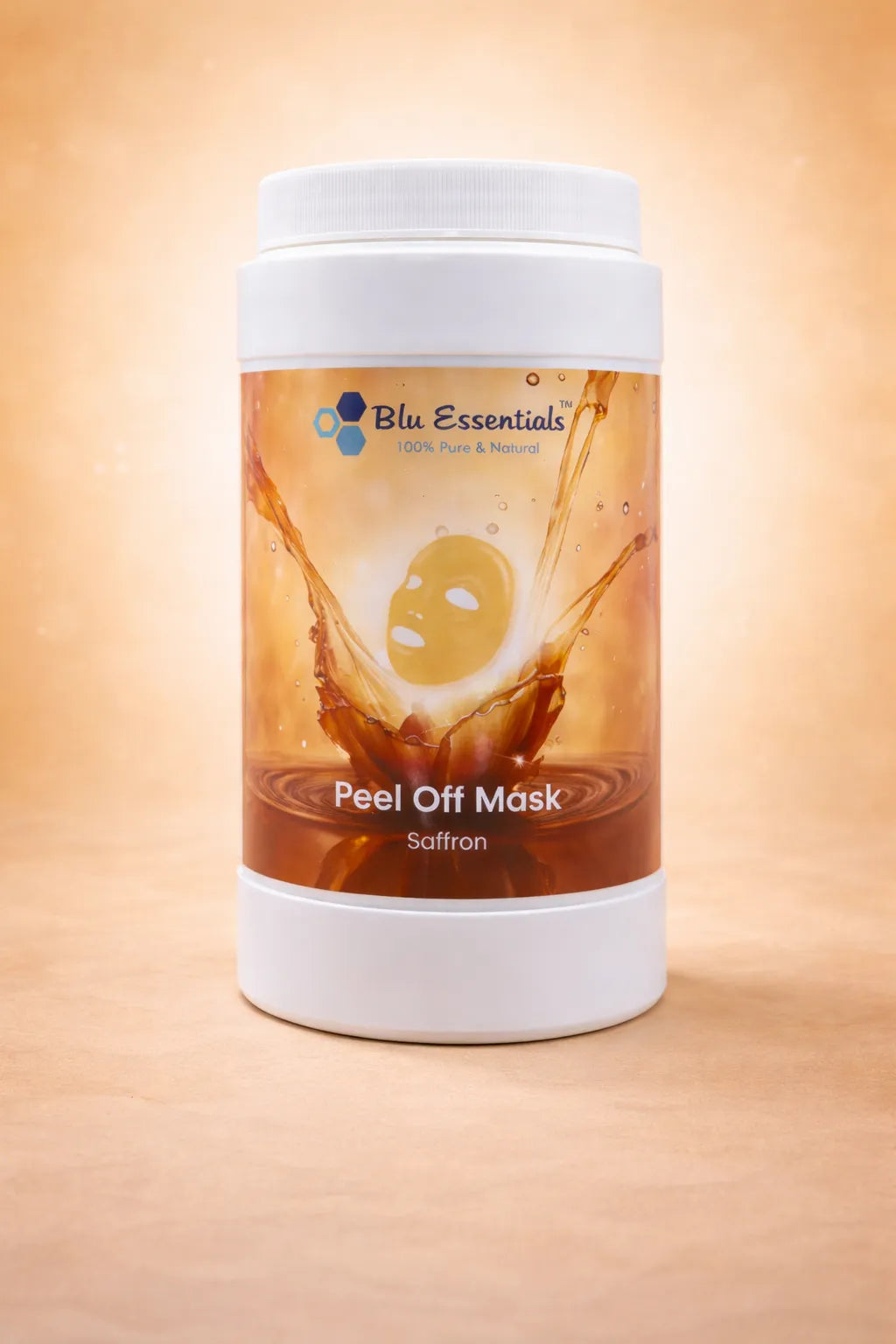Blu Essentials Saffron Peel Off Mask (500g) in a vibrant yellow packaging, enriched with saffron and turmeric for radiant ...