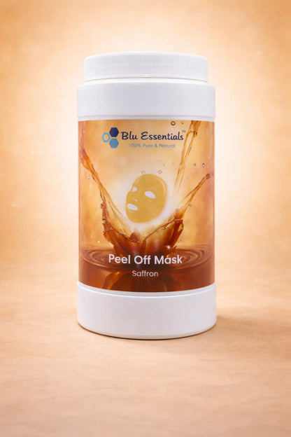 Blu Essentials Saffron Peel Off Mask (500g) in a vibrant yellow packaging, enriched with saffron and turmeric for radiant ...