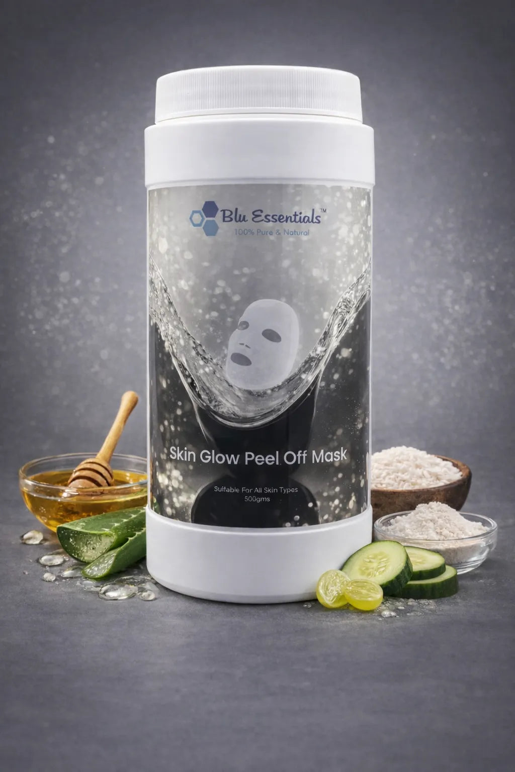Blu Essentials Skin Glow Peel-Off Mask in a 500g container, brightening facial mask for radiant skin, perfect for skin car...