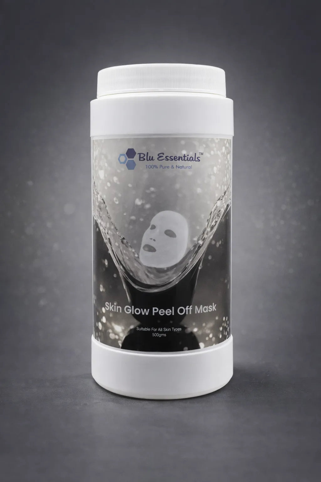 Blu Essentials Skin Glow Peel Off Mask 500g in a vibrant packaging, designed for facial cleansing and skin brightening.