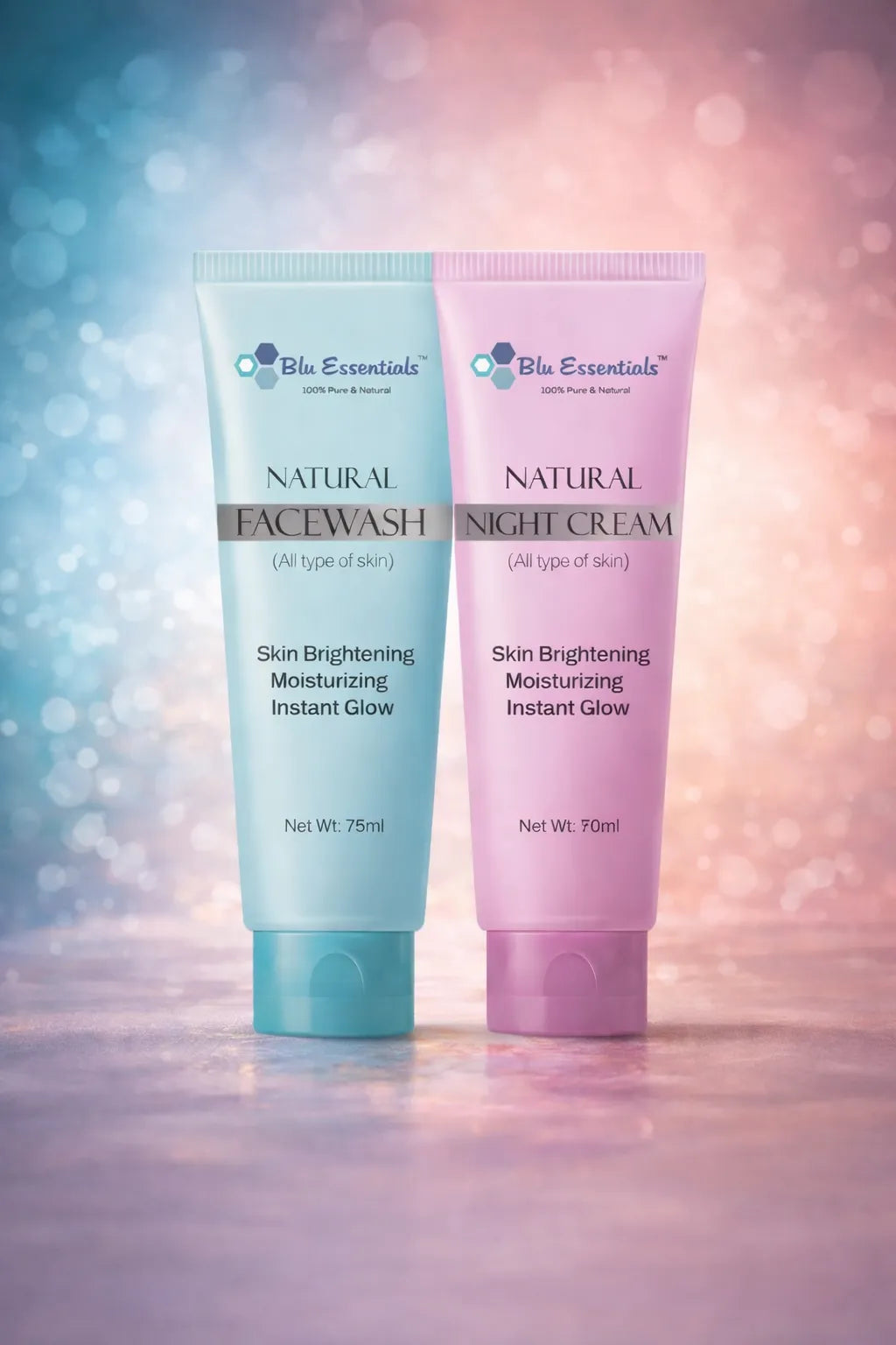 Blu Essentials Vitamin C Face Wash and Night Cream Combo, 125ml, featuring bright packaging, ideal for youthful skin rejuv...
