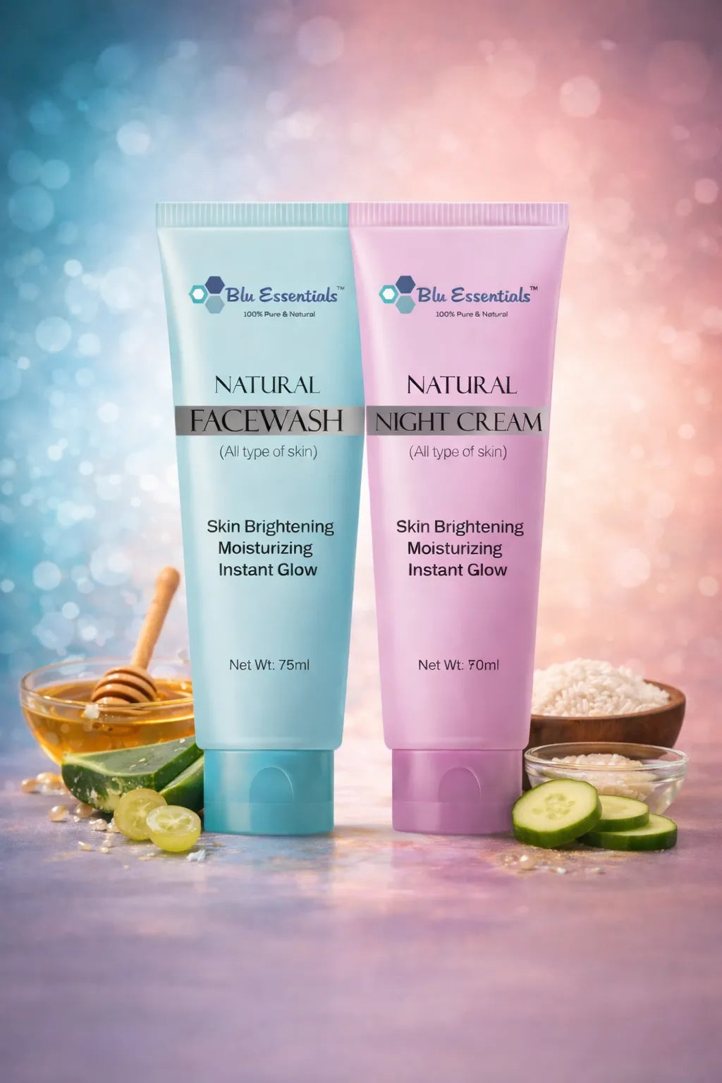Blu Essentials Vitamin C Face Wash and Night Cream combo, 125ml size, showcasing rejuvenating skincare for youthful skin.
