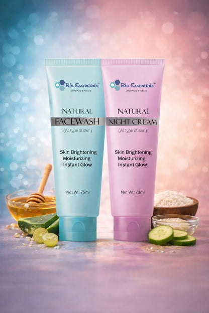 Blu Essentials Vitamin C Face Wash and Night Cream combo, 125ml size, showcasing rejuvenating skincare for youthful skin.