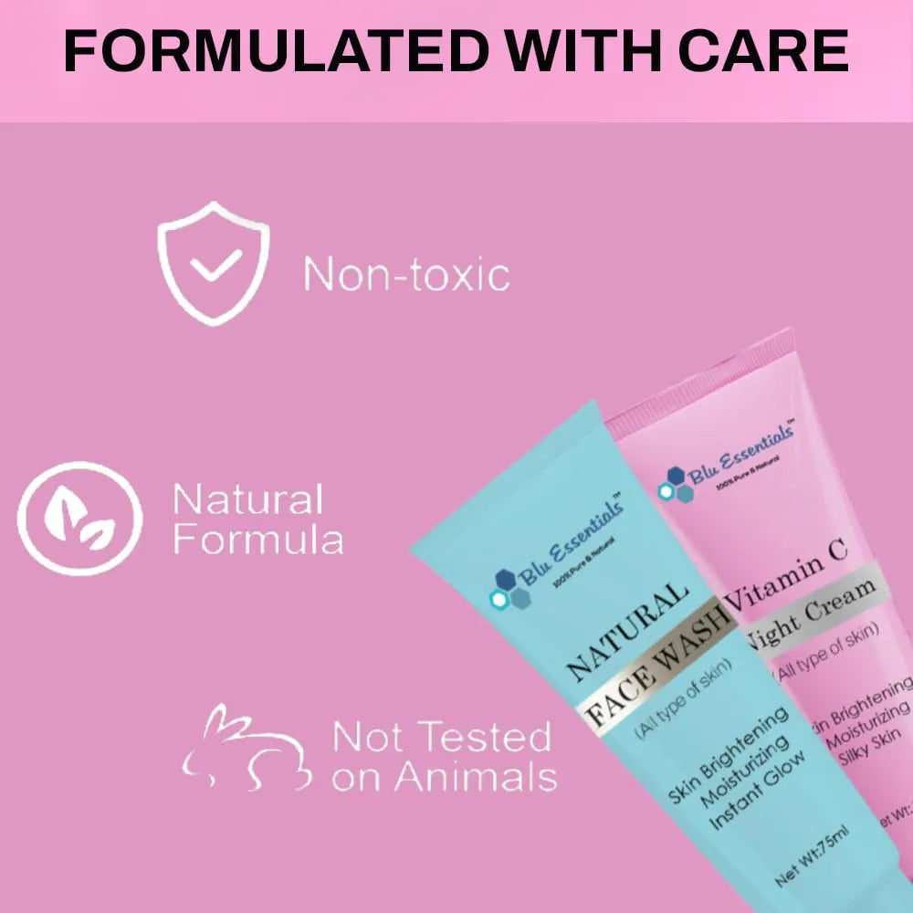 Blu Essentials Vitamin C Face Wash and Night Cream Combo, 125ml, featuring vibrant packaging, perfect for youthful skin re...