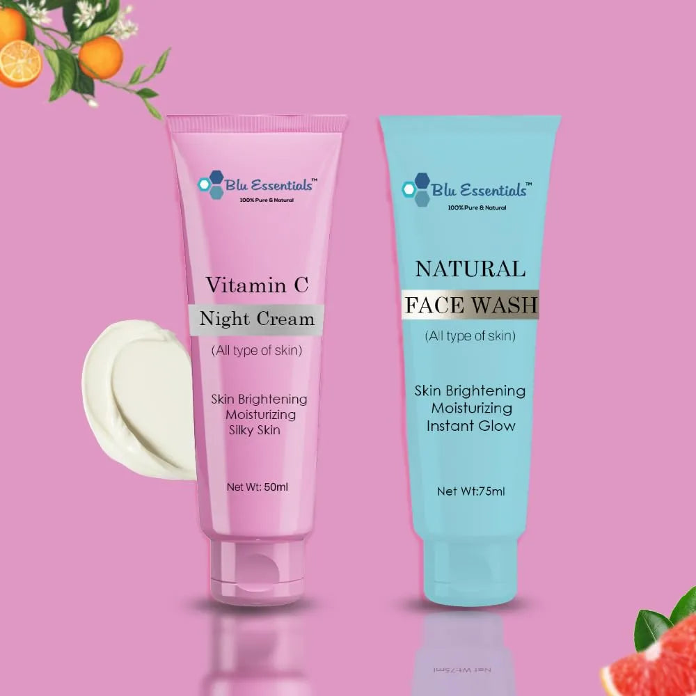 Blu Essentials Vitamin C Face Wash and Night Cream Combo, 125ml, featuring vibrant packaging, perfect for youthful skin re...