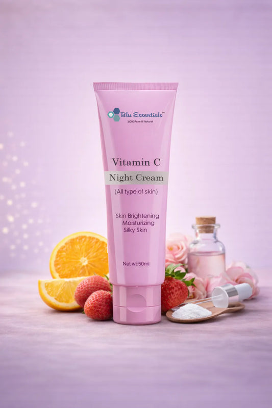 Blu Essentials Vitamin C Night Cream in a sleek white jar, 50mL size, perfect for rejuvenating skin and reducing signs of ...