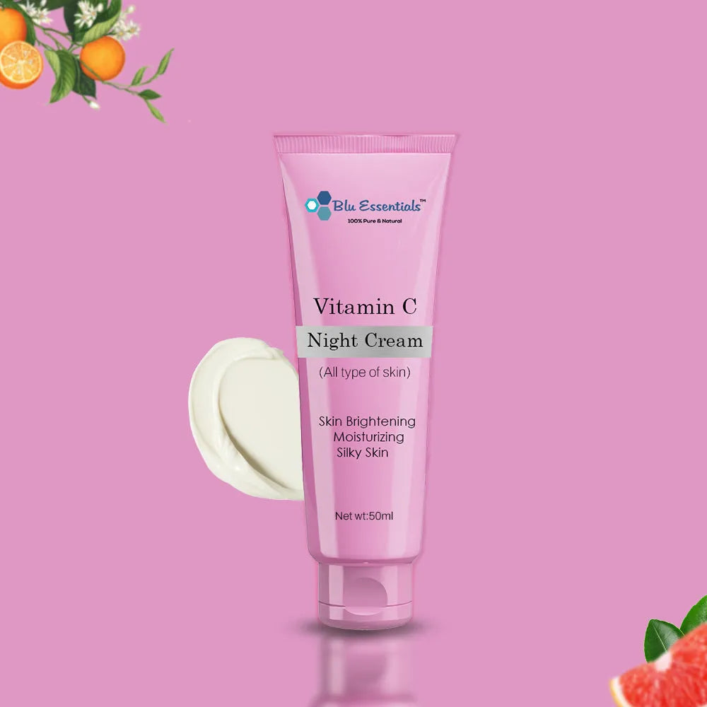 Blu Essentials Vitamin C Night Cream in a sleek white jar, 50mL size, perfect for rejuvenating skin and reducing signs of ...