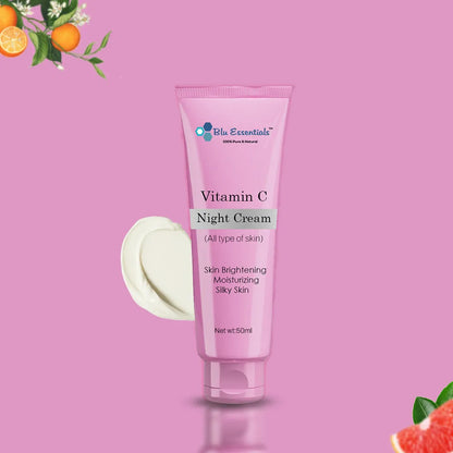 Blu Essentials Vitamin C Night Cream in a sleek white jar, 50mL size, perfect for rejuvenating skin and reducing signs of ...