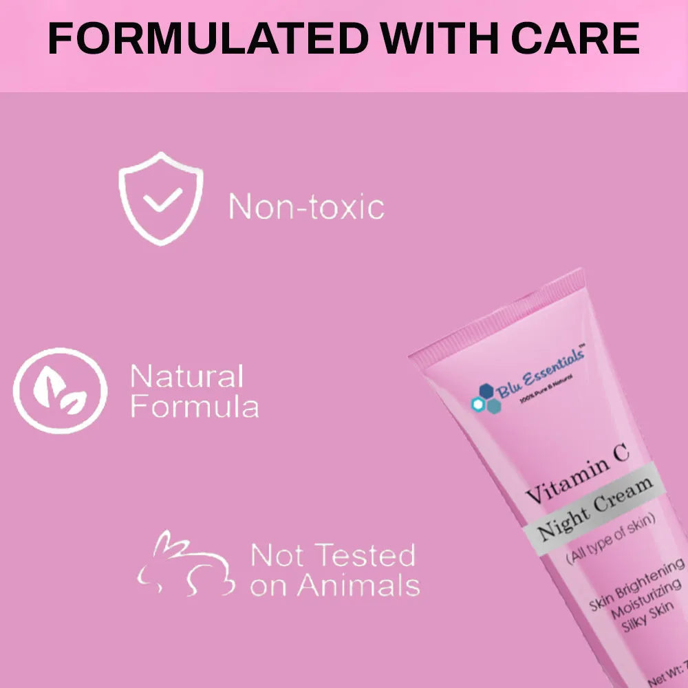Blu Essentials Vitamin C Night Cream in a sleek white jar, 50mL size, perfect for rejuvenating skin and reducing signs of ...