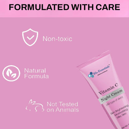 Blu Essentials Vitamin C Night Cream in a sleek white jar, 50mL size, perfect for rejuvenating skin and reducing signs of ...