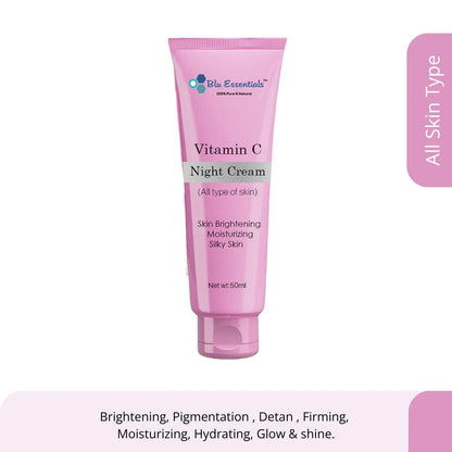 Blu Essentials Vitamin C Night Cream in a sleek white jar, 50mL size, perfect for rejuvenating skin and reducing signs of ...