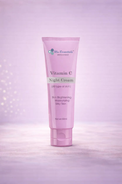 Blu Essentials Vitamin C Night Cream in a sleek white jar, 50mL size, perfect for rejuvenating skin and reducing signs of ...